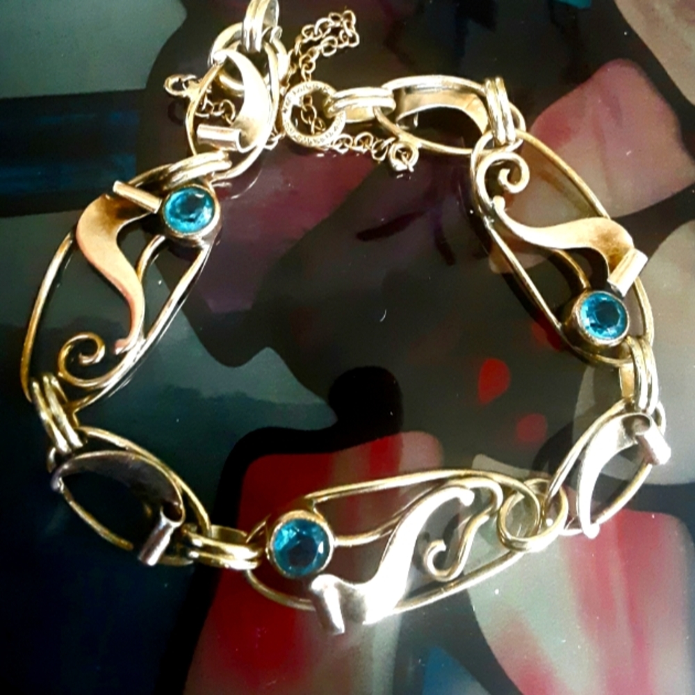 12K Gold Filled Blue Sapphire Art Nouveau Bracelet